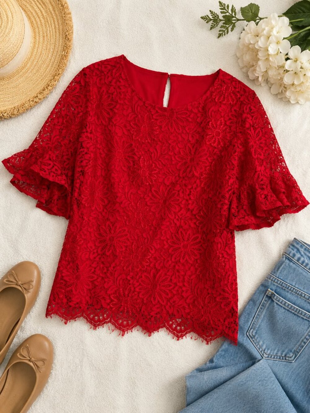 Nanette Lepore Red Floral Lace Bell Sleeve Blouse Size S